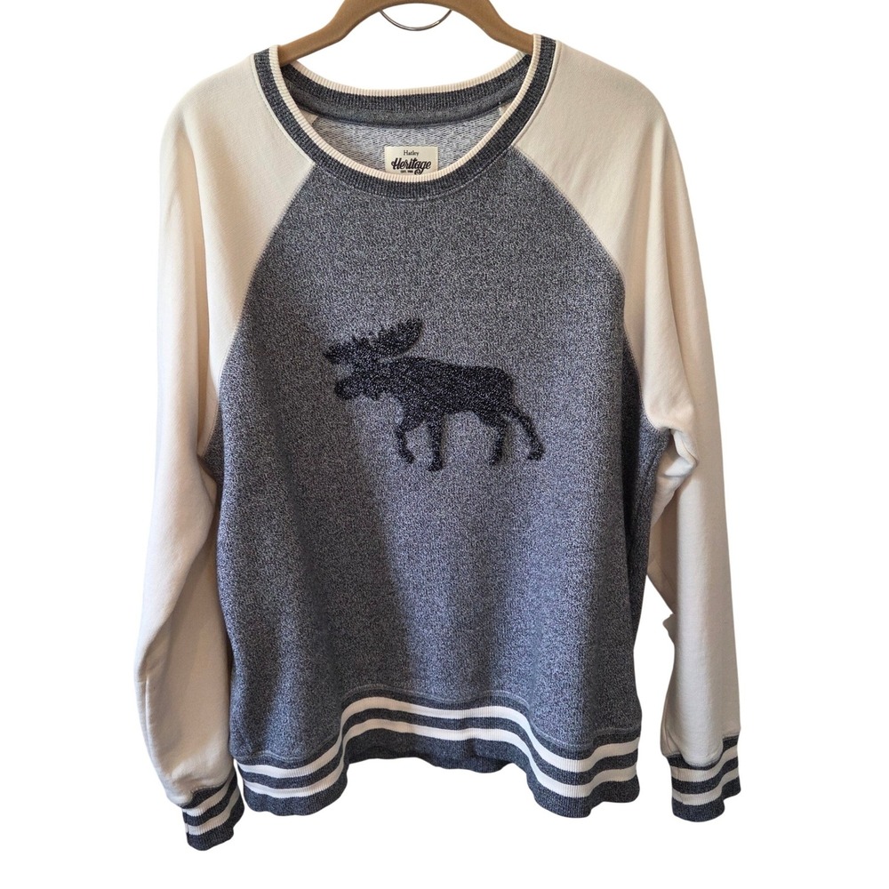 Hatley Heritage Grey Cream Moose Applique Raglan Sweatshirt Women's XL XL/TG - Picture 2 of 14